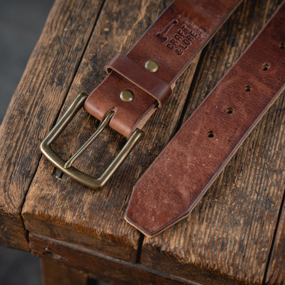 Mountain Belt, Thick Leather Solid Brass Hardware Lifetime Heritage Rugged Belt Handmade Craft and Lore